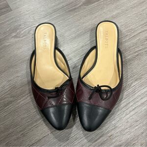 Talbots Leather Flats Mules Quilted Cap Toe Burgundy Black Ballet Flat